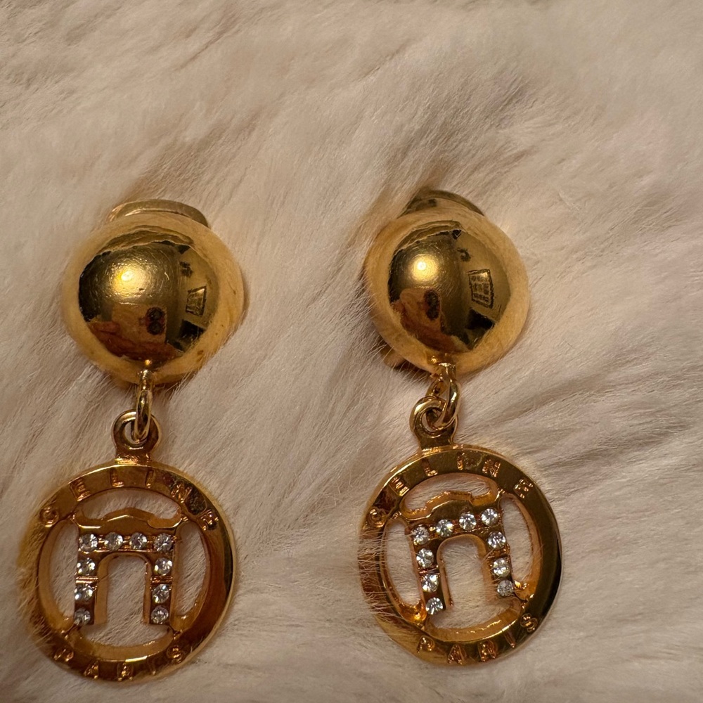 Celine authentic Rhinestone Elegant Gold Drop clip on Earrings